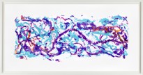 Color print of purple, blue and red trails of splatter marks across a white background