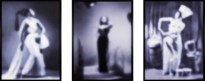 Color image of a triptych depicting three purple toned photographs of three performers out of focus framed in black