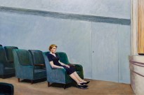 Painting of a lone woman seated in an empty theater setting by the stage