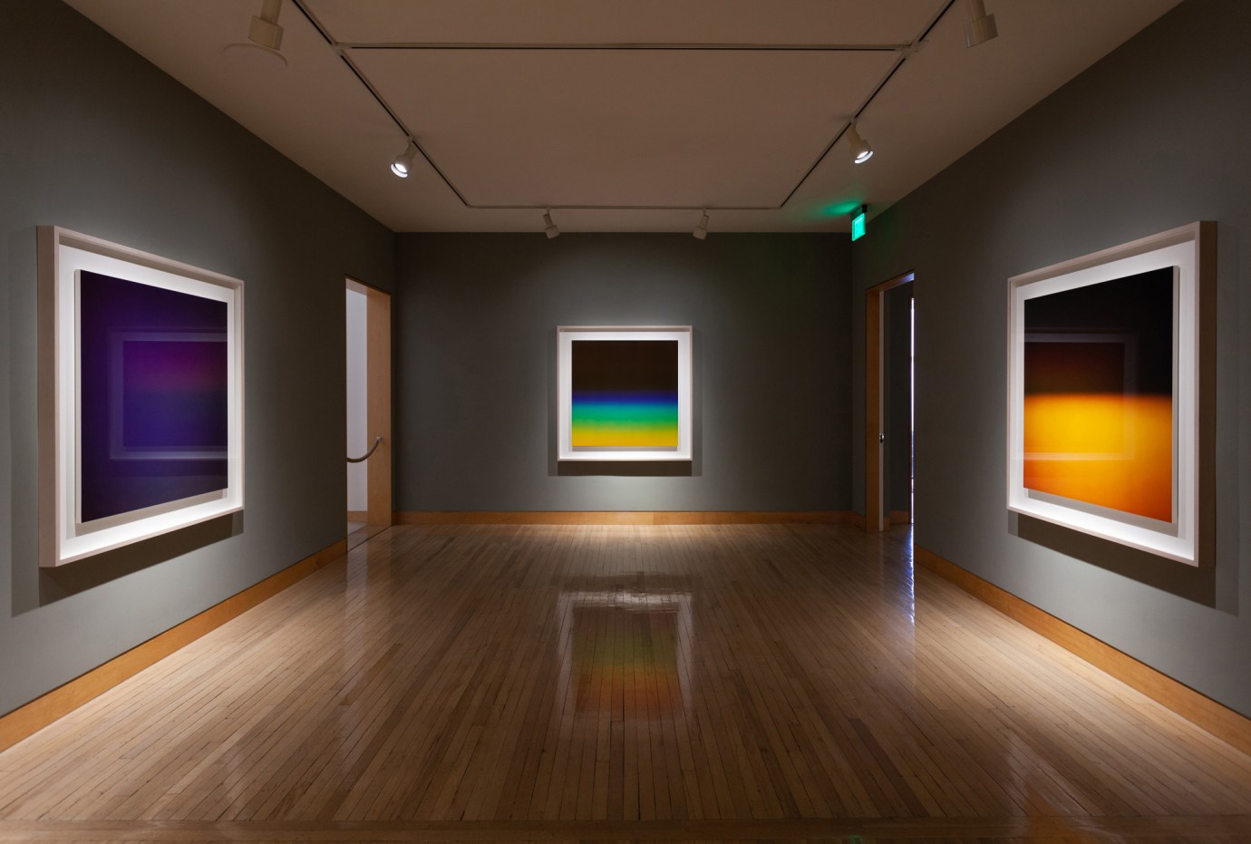 Color image of large scale color photographs on grey gallery walls