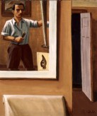 Painting of a man painting his own portrait in a mirror with an open door in the background