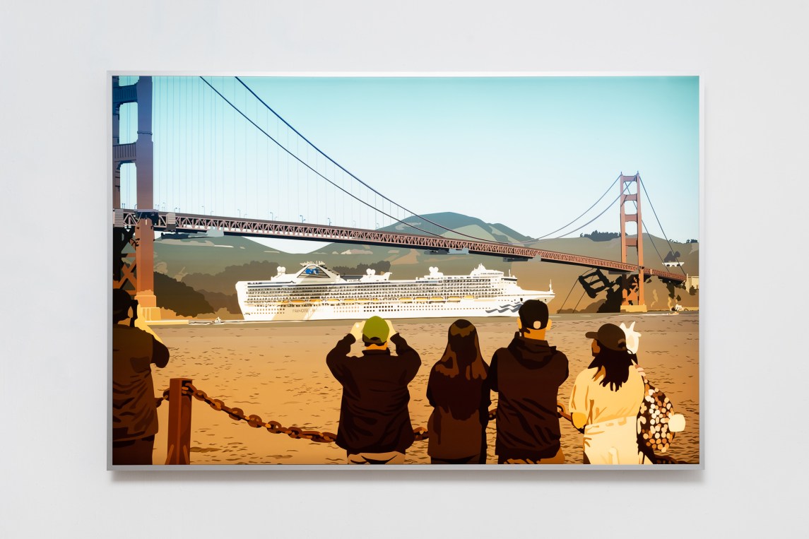 Color image of an artwork depicting a large cruise ship traveling under the golden gate bridge as several onlookers watch on framed on a light box on a white wall