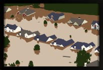Color image of a rendering from above of several homes that have flooded