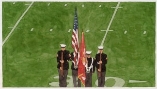 Color image of a watercolor depicting four figures during the national anthem