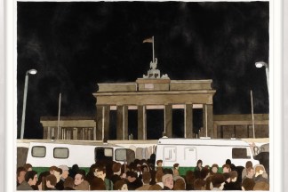 A color image of a framed watercolor painting depicting a crowd of people, buses, and a German governmental building