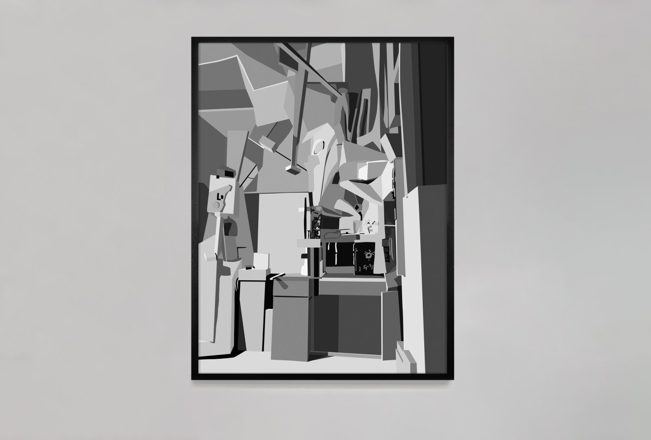 Color image of a light box with a black and white image of a work space interior framed in black