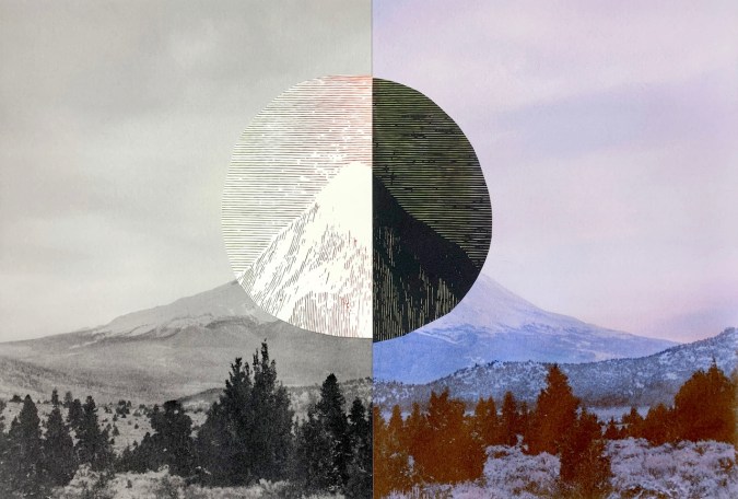 Color photograph of a mountain with half of the print in black and white with an illustration of the mountain top in the center