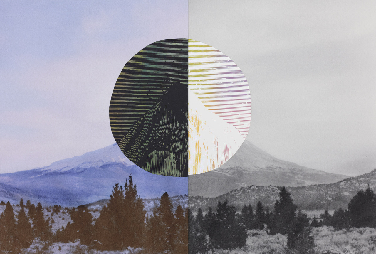 Color photograph of a mountain with half of the print in black and white with an illustration of the mountain top in the center