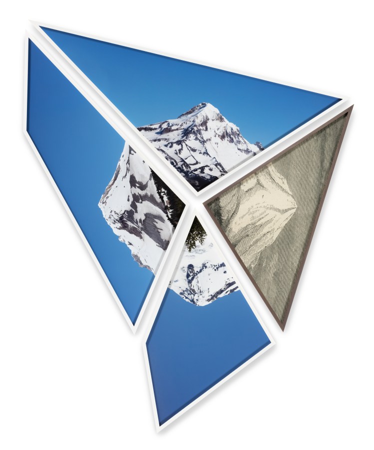 A suite of three color photographs depicting a mountain top framed in white with a fourth framed illustration of a mountain top framed in natural wood on white background