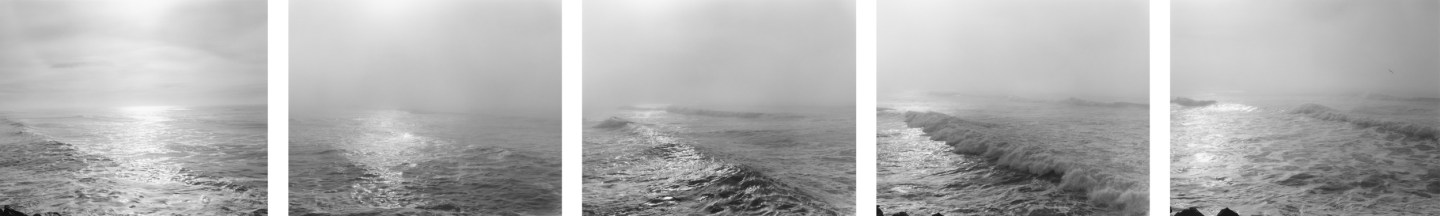 A series of five black and white images depicting the sun reflecting off ocean waves, each image shows a wave in different states of movement