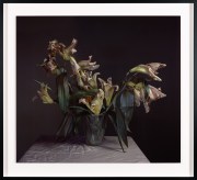 Color photograph of decaying lilies in glass on pink plinth