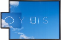 Color photograph of the sky that has the word 'oui' written out in clouds along with 'YES' etched out on the glass of the piece