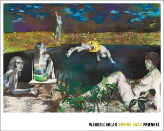 An exhibition poster depicting a mixed-media depiction of five figures gathered around a small body of water. Nude and in bathing suits, they lounge, stretch, or dive