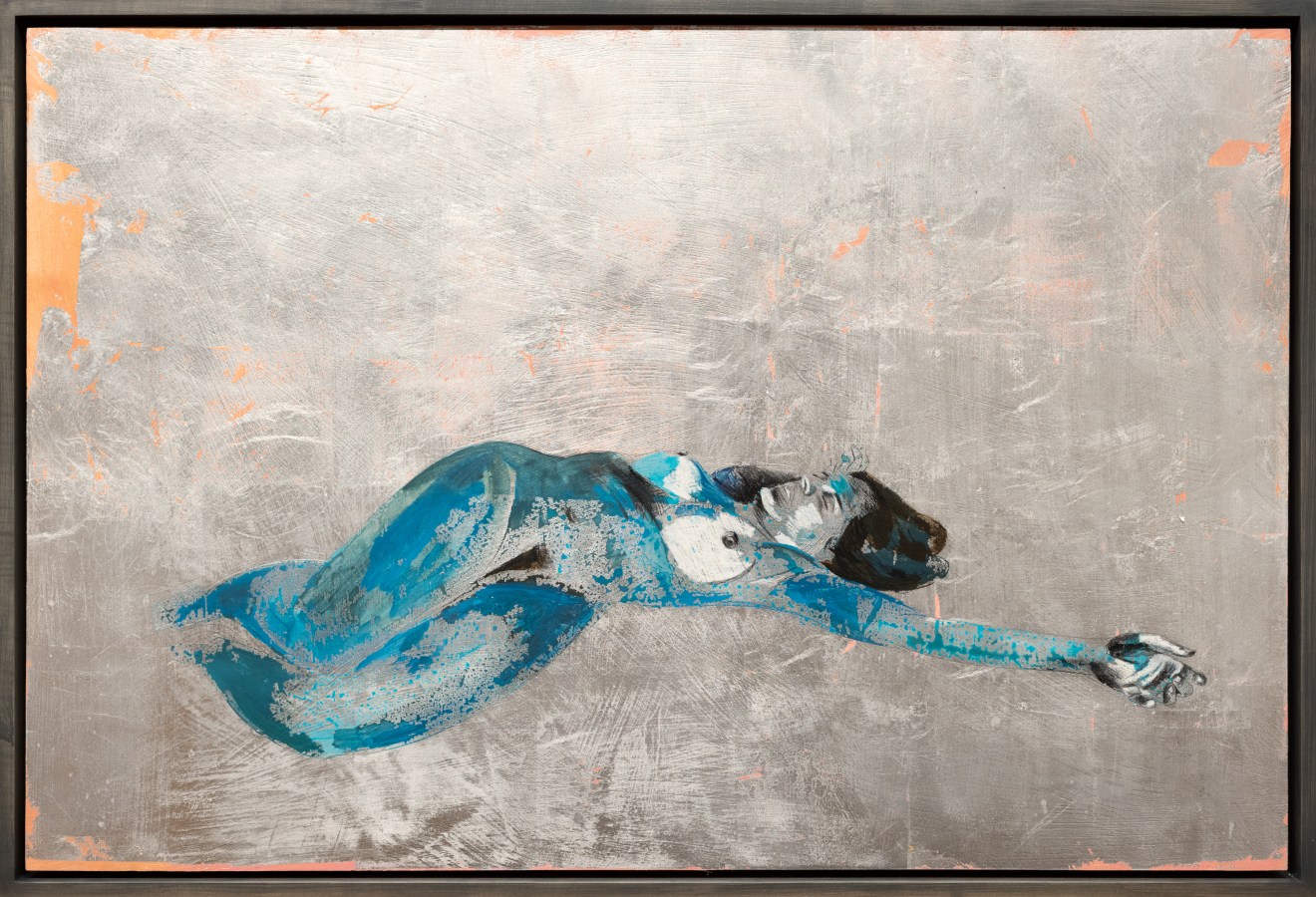 Color image of a mixed media artwork of a nude figure laying down with silver background framed in grey frame