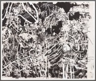 Color image of a black and white mixed media artwork with flowers and abstract forms framed in grey
