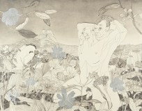 Color image of a warm toned etching depicting three figures in a field of flowers