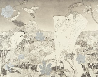 Color image of a warm toned etching depicting three figures in a field of flowers