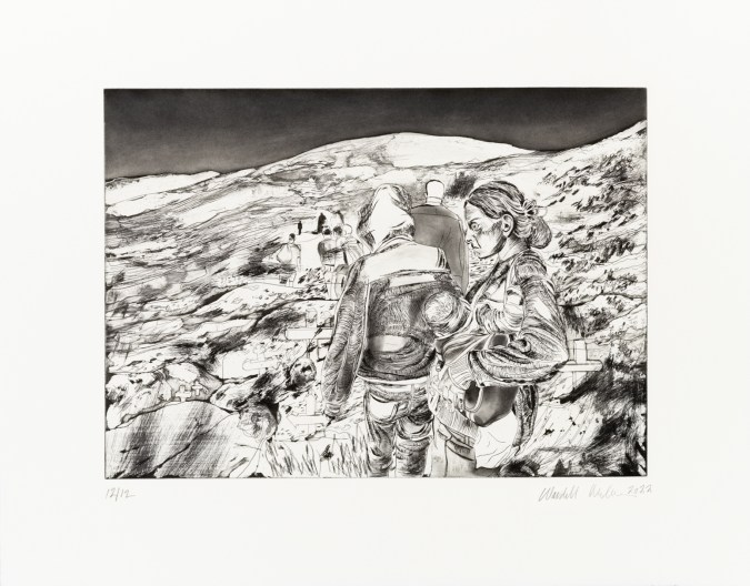 Black and white etching depicting figures walking within a desert like climate