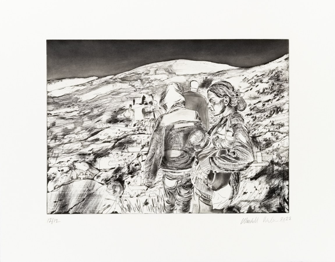 Black and white etching depicting figures walking within a desert like climate