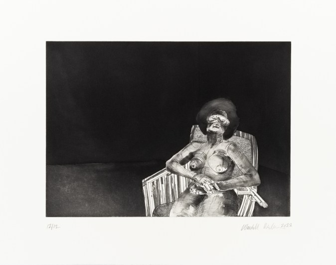 Black and white photograph of a nude figure lounging in a chair with an eye mask and gun at their side