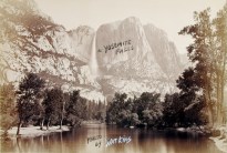 Black and white photograph of a waterfall over a rocky valley with handwritten annotation overlaid reading YOSEMITE FALLS and PHOTO BY WATKINS